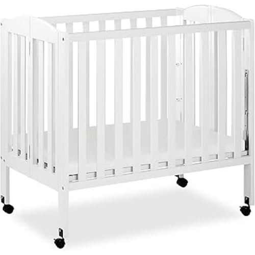 Dream On Me 3 in 1 Portable Folding Stationary Side Crib in White, Greenguard Gold Certified, Safety Wheel with Locking Casters, Convertible, 3 Mattress Heights