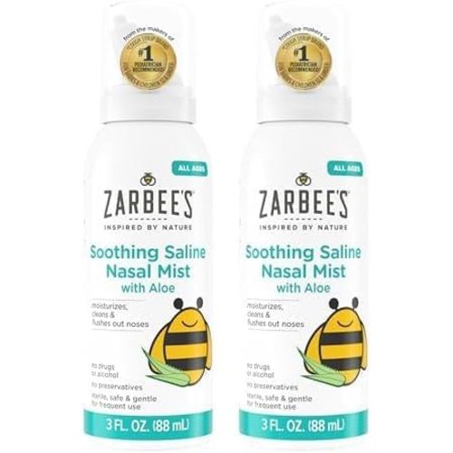 Zarbee's Baby Nasal Saline Spray, Soothing Sterile Mist with Aloe, Newborns & Up, Cleansing Nose Relief, 3Fl Oz (Pack of 2)