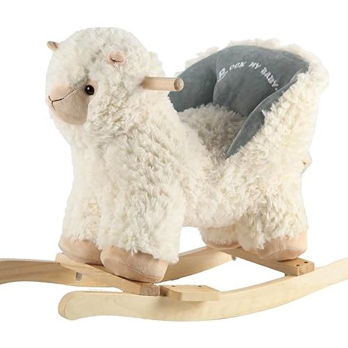 Baby Rocking Horse Alpaca Llama with Chair, Plush Stuffed Animal Rocker, Wooden Rocking Toy Llama Animal Ride on,Cream Llama,CPC Certified
