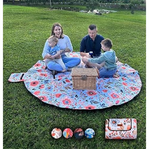 79" Round Waterproof Picnic Blanket - Extra Large, Durable & Foldable Outdoor Mat for Grass, Beach or Park - Outside Baby Playmat & Cute Blanket for Family, Kids and Camping Days