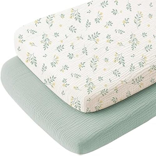Konssy 2 Pack Muslin Bassinet Sheets for Baby Boy, 100% Cotton Soft Breathable Bassinet Mattress Sheets Fit for Hourglass Oval Cradle Rectangle Mattress (Leafy,Green)