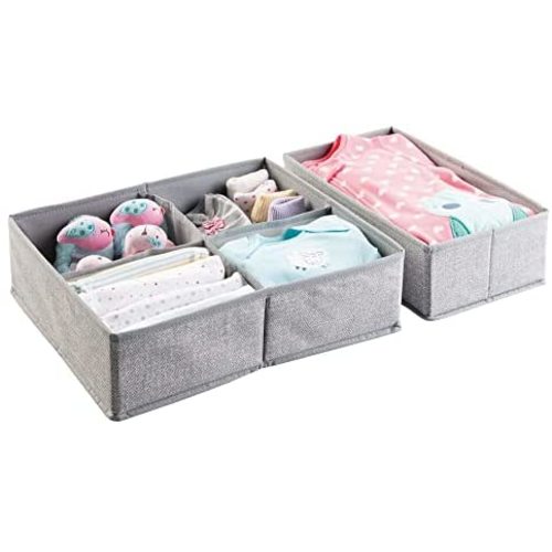 mDesign Soft Fabric Dresser Drawer and Closet Storage Organizer Set for Child/Kids Room, Nursery, Playroom - 2 Pieces, 5 Compartments - Textured Print - Gray