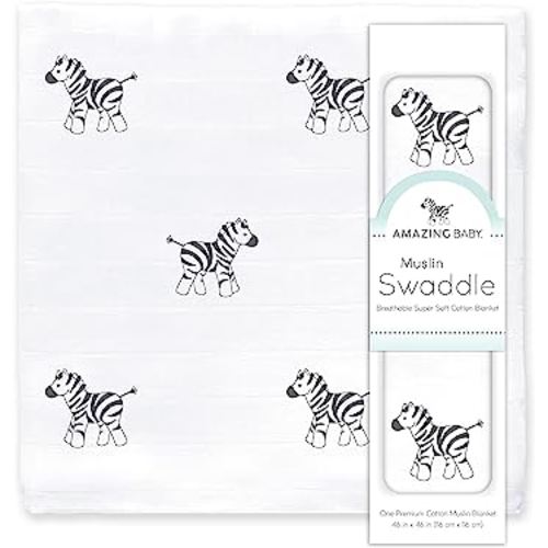 Amazing Baby Muslin Swaddle Blanket, Premium Cotton for Baby Boys & Girls, Zebra, Soft Black