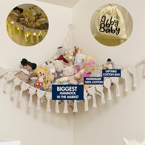 Extra Large Stuffed Animal Storage Hammock Corner with LED Lights – 25LB Capacity Hanging Toy Net for Small or Large Plushies, Boho Macrame Squishmallow, Plush Net, Beige