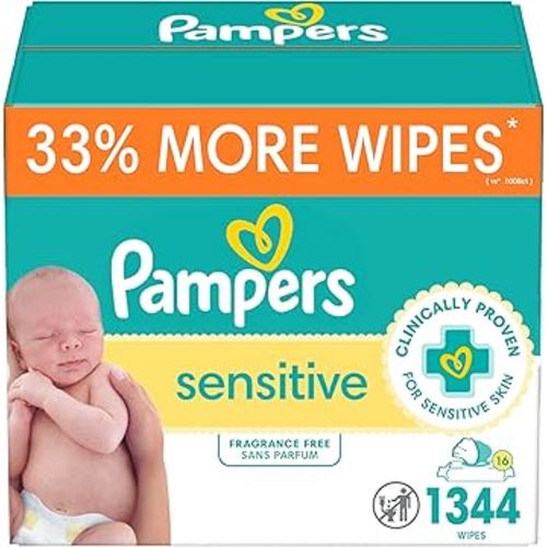 Pampers Sensitive Baby Wipes, Water Based, Hypoallergenic and Unscented, 16 Flip-Top Packs (1344 Wipes Total) (Packaging May Vary)