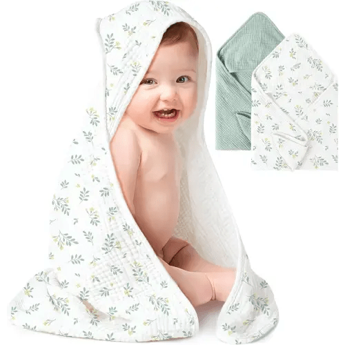 Konssy 2 Pack Muslin Hooded Baby Towels for Newborn Soft 100% Cotton Baby Bath Towel with Hood for Baby, Infant Ultra Absorbent, Baby Stuff Baby Bath Shower Gifts (Green, Leafy,30" x 30")