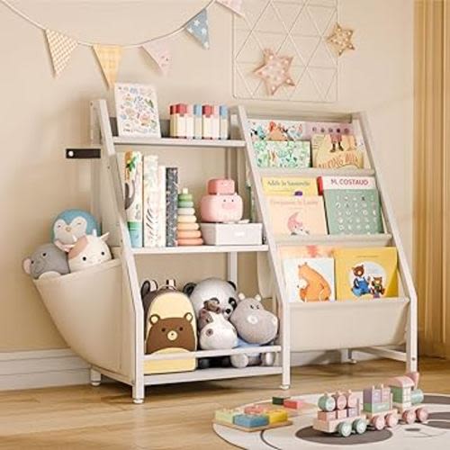 Kids Bookshelf and Toy Organizer, 3 Tier Bookshelf for Kids, Montessori Bookcase Book Shelf for Kids Rooms, Bedroom, Playroom, Nursery, Toy Storage Organizer with Bookshelf (White)