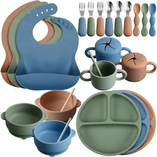 24 Pack Silicone Baby Feeding Set Baby Led Weaning Supplies Includes Suction Divided Plates Soft Bowl Spoons Forks Adjustable Bib Snack Cup and Straws for Baby (Dark Green, Dark Blue, Walnut Color)