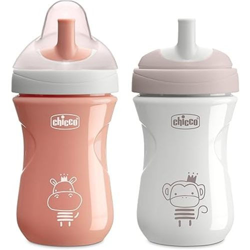 Chicco Sport Spout Sippy Cup 9+ Months, 9oz Toddler Training Cup with Bite-Resistant No-Spill Spout, Easy Grip, BPA-Free, 2-Pack, Coral/Grey