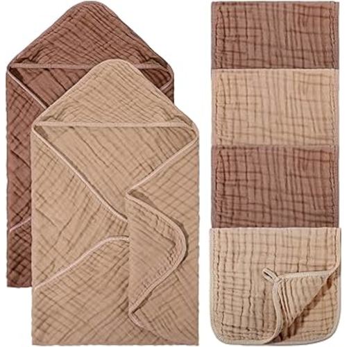 6 Pcs Baby Muslin Hooded Bath Towels and Washcloths, 32 x 32 Inch Muslin Cotton Hooded Baby Towels Absorbent Hooded Blankets for Gift Newborn Infant Shower (Brown,Coffee)