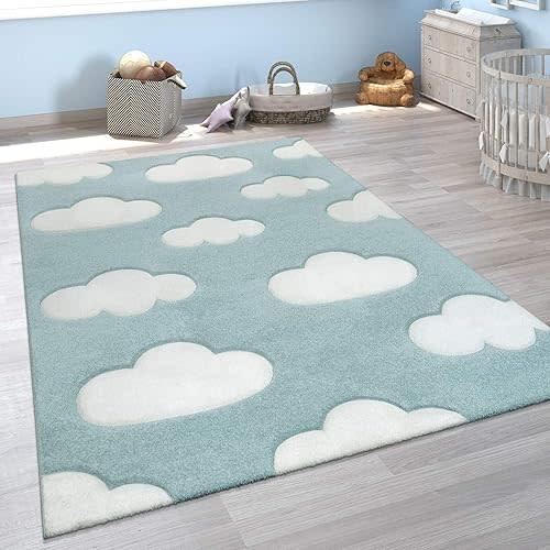 Modern Kids Rug with Clouds in Blue Pastel for Nursery, Size: 4'7" x 6'7"