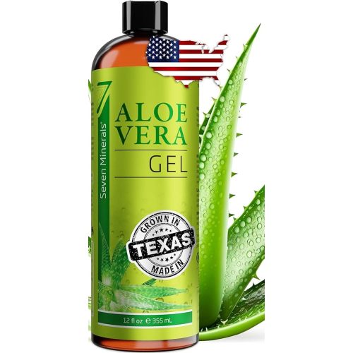 Seven Minerals Organic Aloe Vera Gel from freshly cut 100% Pure Aloe - Big 12oz - HighestQuality, Texas grown, Vegan, Unscented - For Face, Skin, Hair, Sunburn relief - 12 Fl Oz