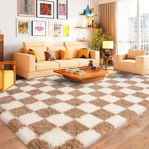 8x10 Area Rugs for Living Room, Fluffy Checkered Rug, Beige Cream White