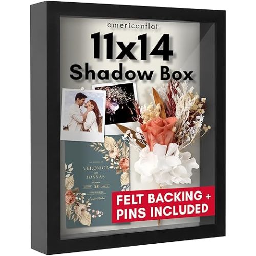 Americanflat 11x14 Shadow Box Frame with Shatter-Resistant Glass - Silhouette Collection - Large Shadow Box Display Case for Tabletop and Wall Display - Black with Soft Felt Back