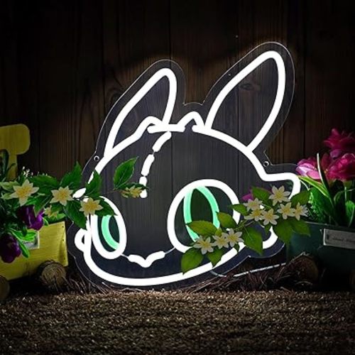 Dragon Neon Sign, LED Light for Wall Decor, Fantasy Bedroom Decor for Kids & Gamers, 13" x 12.4", Dimmable USB Powered, White Green(plants not included)