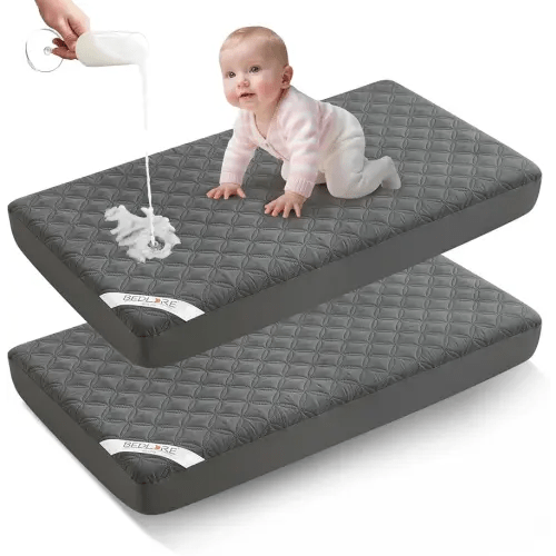 BEDLORE Waterproof Mattress Protector Crib, 2 Pack Soft Gray Mattress Pad, Noiseless Machine Washable Mattress Cover, Ultimate Protection for Your Baby's Crib Toddler Bed (52''x28'')