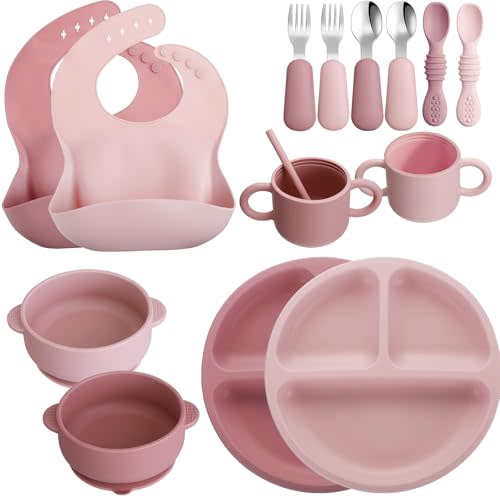 16 Pcs Baby Led Weaning Supplies Silicone Baby Feeding Set Baby Plates with Suction Baby Utensils with Divided Adjustable Bib Bowl Cutlery Snack Cup Spoons Straw 6 Months+ (Dark Pink, Dusty Pink)