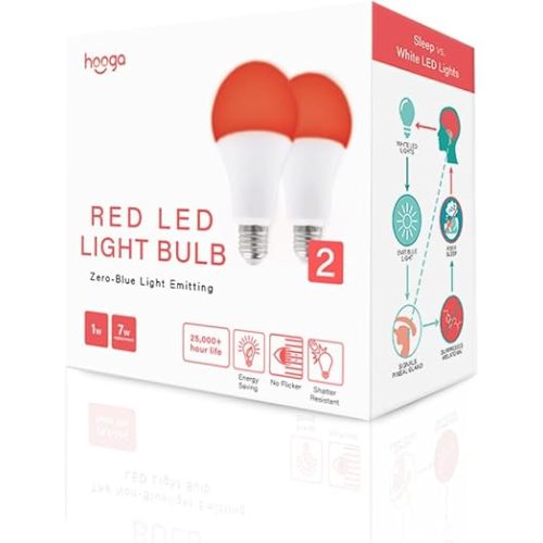 hooga Sleep Light Bulb, Blue Light Blocking Red Night Light. 625nm Red Bulb for Healthy Sleep. Baby Nursery Light. 1W LED, 7W Replacement 2-Pack