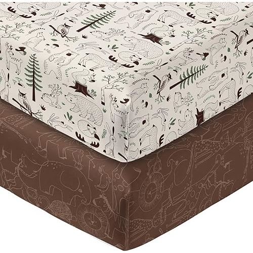 Horaldaily 2 Pack Fitted Crib Sheet for Boys Girls,Soft Breathable Washable Jersey Microfiber Baby Crib Sheet, Fits Standard Size Crib Mattress 28in x 52in, Cute Animals Nursery Sheet Beige/Brown