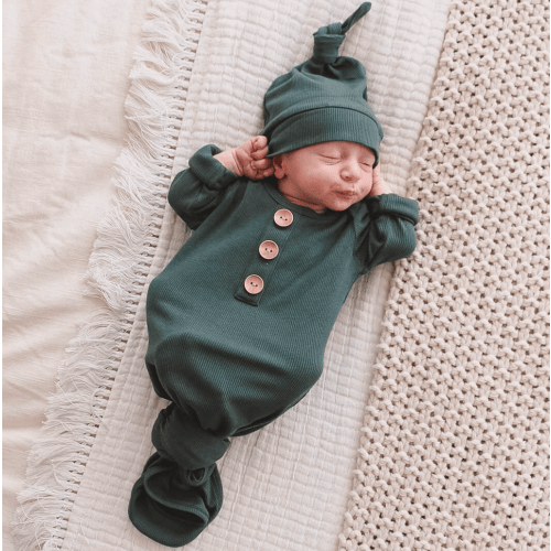 Forest Green Ribbed Bamboo Baby Knot Gown & Hat | Caden Lane