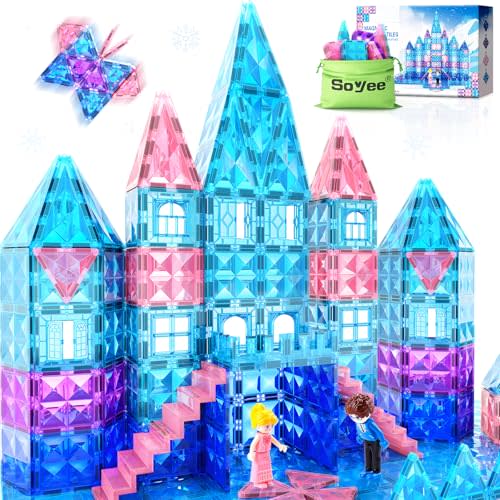 Frozen Toys for Girls Magnetic Tiles 102pcs with 2 Stairs 2 Dolls Princess Castle Building Toys Girls Toys Age 4-5 6-8 Magnetic Blocks Birthday Xmas Gifts for Girls Toys for 3 4 5 6 7 8+ Year Old