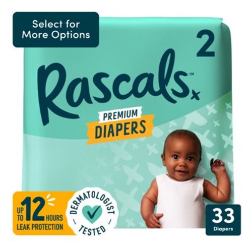 Rascal + Friends Premium Diapers Size 2, 33 Count - Leak Protection, Dermatest Certified, Vegan, 12 Hour Protection