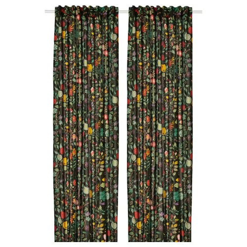 VILDPERSILJA Curtains, 1 pair - black-green multicolor/floral pattern with heading tape 57x98 "