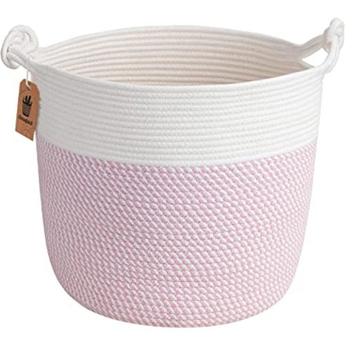 Goodpick Baby Storage Basket, Pink Laundry Basket 15 x 14.2 Inches, Toy Basket for Clothes, Nursery Basket for Toys, Soft Woven Basket for Storage, Pink