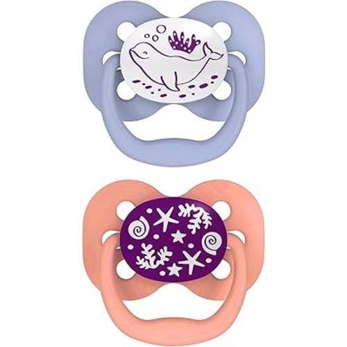 Dr. Brown's Advantage Glow-in-the-Dark Baby Pacifier, Fully Symmetrical Soother with Soft Silicone Bulb, Coral Ocean, 0-6m, BPA Free, 2 Pack
