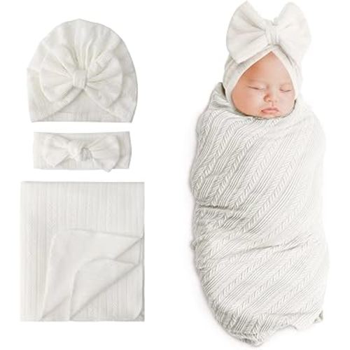DRESHOW BQUBO Newborn Receiving Blanket Toddler Warm for Girls with Bow Hat and Bow Headband Shower Gift
