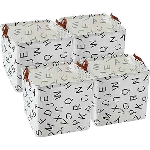 4 Pieces Square Alphabet Canvas Storage Bins Waterproof Toys Canvas Organizer 13 x 13 Inch Laundry Box Foldable Cube Containers with Handles for Home Closet Bedroom Drawers