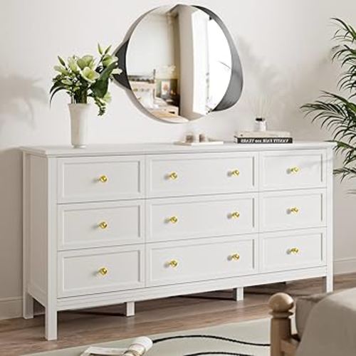 White Dresser for Bedroom with 9 Drawers, 59'' Large Wood Dresser with Gold Handles, Modern Wide Chest of Storage Drawers for Hallway, Living Room