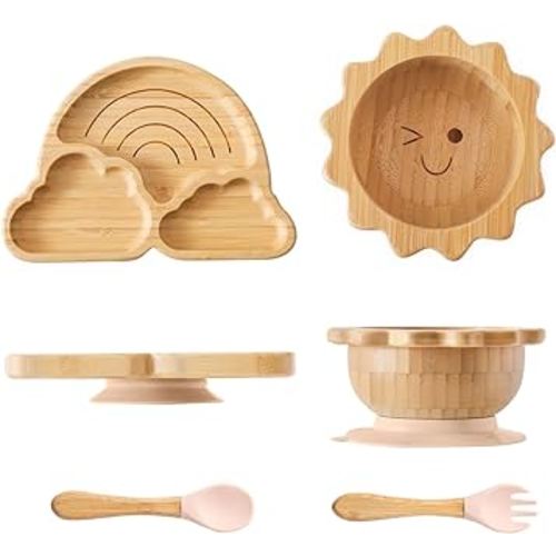 Bamboo Suction Plates Bowls Set for Baby Toddler Divided Platter Food bowl with Silicone Fork & Spoon All-Natural Baby Feeding Set for Baby-Led Weaning, Non-Slip Design