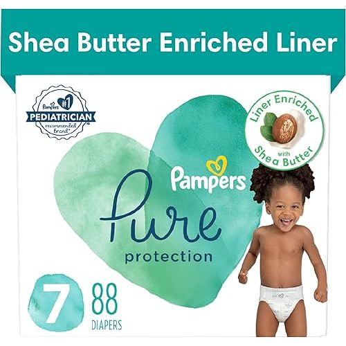 Pampers Pure Protection Diapers - Size 7, One Month Supply (88 Count), Hypoallergenic Premium Disposable Baby Diapers