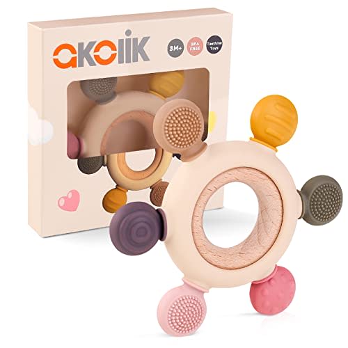 akolik Teething Toys for Babies, Baby Teethers Toy Teething Ring Silicone, Grasping Teething Toy, BPA Free Teething Newborn Accessories for Baby 0 3 6 9 12 18 Months