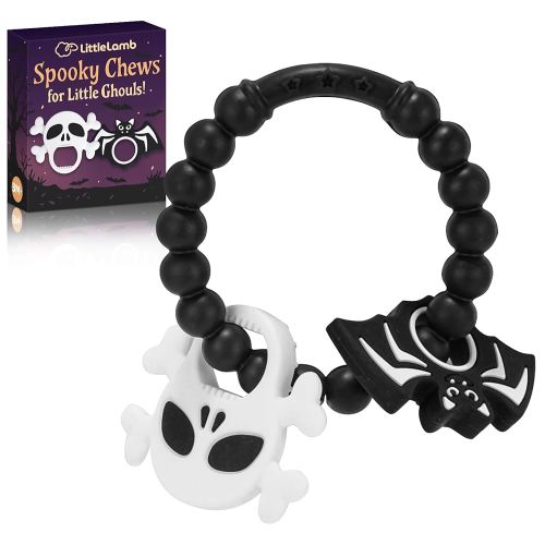 Halloween Baby Teething Ring Toys – Skull & Bat Silicone Teethers for Newborns, Infants & Toddlers – Sensory Chew Bracelet for Teething Relief – Perfect Baby’s First Halloween Basket Stuffers