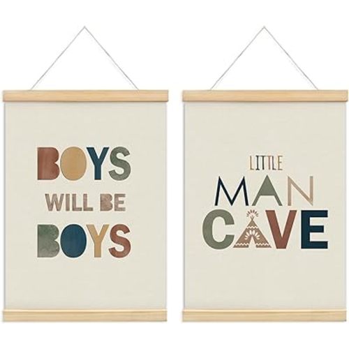KDHTY Little Man Cave Wall Art Posters Hanger Frame,Toddler Boy Room Decor,Nursery Toddler Room Decor Kids Playroom Art,Reading Corner Decor,12 x 16 Inch,Set of 2