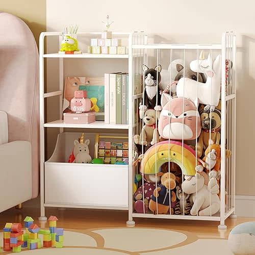 BBLIKE Stuffed Animal Storage - Stuffed Animal Net with Kids Bookshelf and Toy Organizer, 2-Tier White Bookshelf with Stuffed Animal Holder and Fabric Toy Chest for Kids Room, Playroom, Nursery（White）