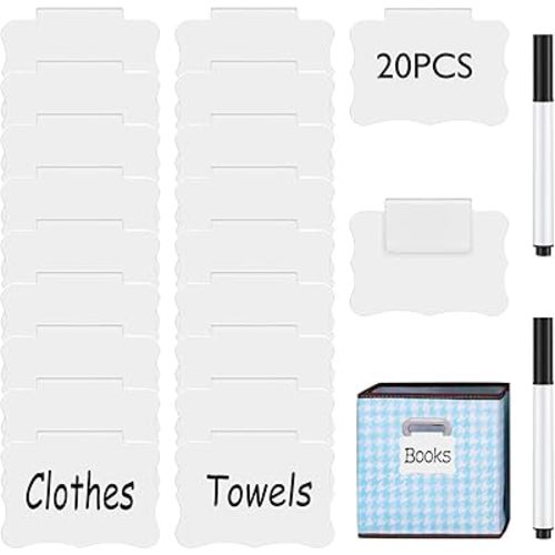 Basket Labels Clip, Include 20 Kitchen Clip Label Holder Removable PVC Bin with 2 Chalk Marker for Basket Pantry Organization -White