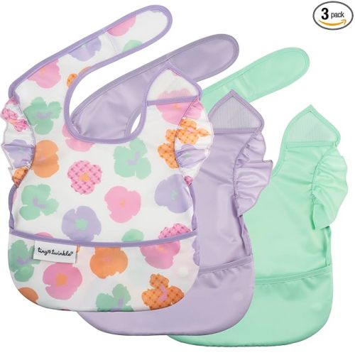 Tiny Twinkle Mess-Proof Baby Bibs for Eating | Waterproof, Wipeable Toddler Bibs with Catch-All Pocket | Feeding Bibs for Girls & Boys(3 Pack, Floral Pop)