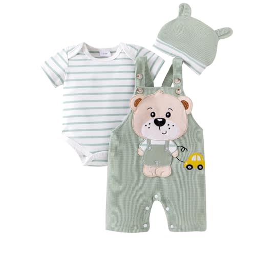 FOCUTEBB Baby Boy Clothes Short Sleeved Cute Cartoon Romper + Shorts + Hat Overalls Suspender for Boys 3 Pcs 0-18 Months