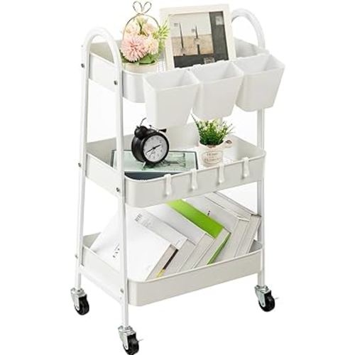danpinera 3-Tier Rolling Cart, Metal Rolling Storage Cart with Lockable Wheels & Hanging Cups & Hooks, Mobile Trolley Cart for Kitchen, Bathroom, Office, Workshop, White