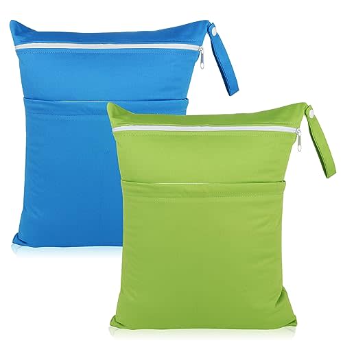 Angel Love Baby Cloth Diaper Wet/Dry Bags, 2 Pack With Two Zippered Pockets, Waterproof Washable Reusable for Travel, Beach, Pool, Gym, Swimsuits or Wet Clothes, L0109
