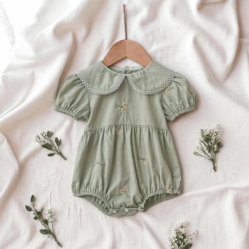 Baby Girl Embroidered Floral Romper – Cotton Puff Sleeve One-Piece with Scalloped Collar | Summer Baby Outfit