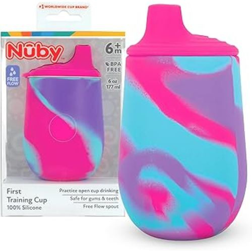 Nuby Silicone Tie-dye First Training Cup with Free Flow Soft Spout - 6oz, 6+ Months, Pink/Purple