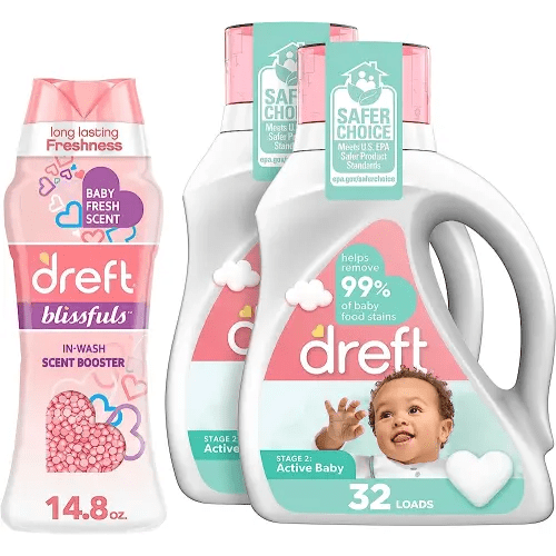 Dreft Stage 2: Active Baby Hypoallergenic Laundry Detergent Liquid Soap, 64 Total Loads, 46 fl oz (Pack of 2), with Blissfuls Scent Booster Beads for Washer, Fresh, 14.8