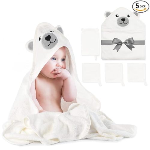 Momcozy Baby Bath Towel Set, Baby Towel with Hood and Baby Washcloth|Baby Bath Glove, Extremely Soft, Breathable, Suitable for Girls and Boys