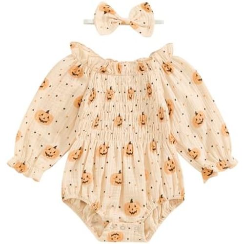 Newborn Baby Girl Halloween Outfit Long Sleeve Pumpkin/Ghost Print Romper + Headband Infant Halloween Clothes