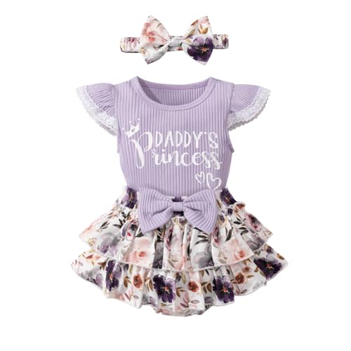Hevemexy Newborn Girl Clothes Daddy's Princess Romper Floral Bowtie Shorts Headband 3PCS Baby Girl Outfits
