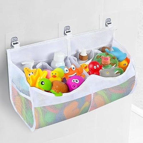 2 Compartment Horizontal Bath Toy Storage, Opening Stand with Side Pocket for Bath Products, Effortlessly Access, Store, and Tidy Toys